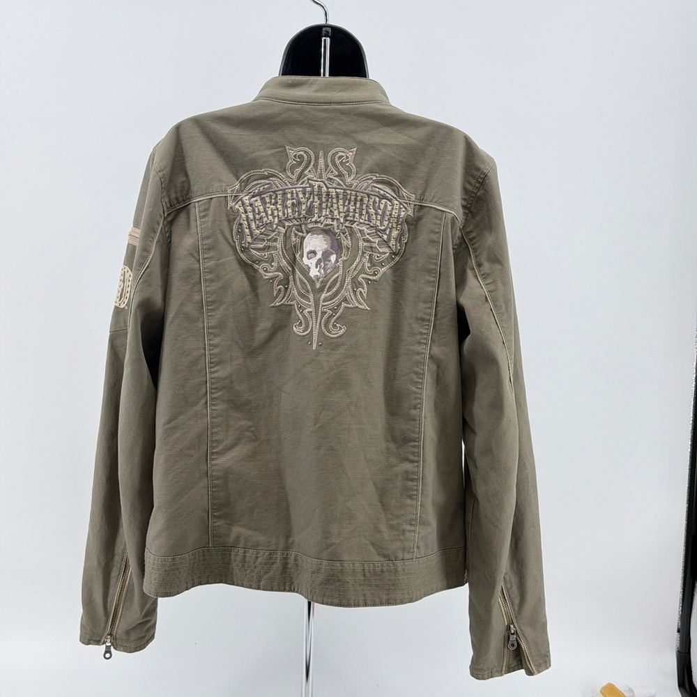 Harley Davidson Jacket Womens XL Green Skull Studded Moto Cafe Racer Biker - Picture 6 of 16
